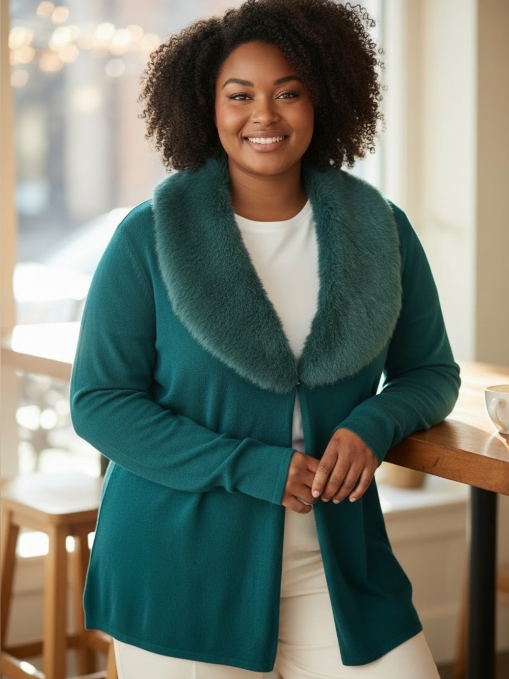 VTG TEAL FAUX FUR COLLAR CARDIGAN SHAWL COLLAR MOB WIFE GLAM V-NECK SWEATER SZ L